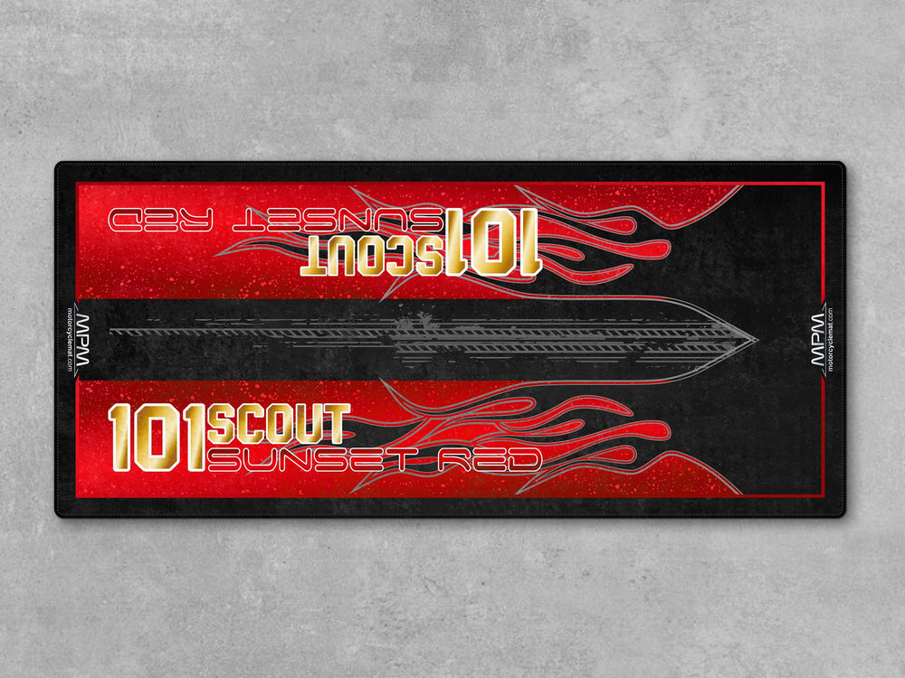 101 Scout Sunset Red Motorcycle Display mat – premium parking rug for cruiser bikes, Thermoplastic Rubber floor protector.

