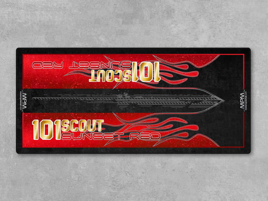 101 Scout Sunset Red Motorcycle Display mat – premium parking rug for cruiser bikes, Thermoplastic Rubber floor protector.

