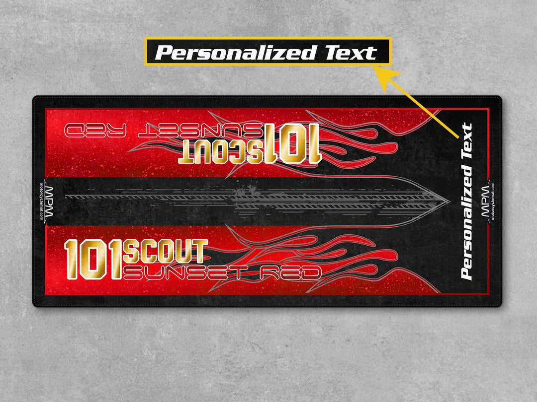 101 Scout Sunset Red Motorcycle Parking mat – custom red-black floor cover gift for riders, perfect for garage or bike zone.
