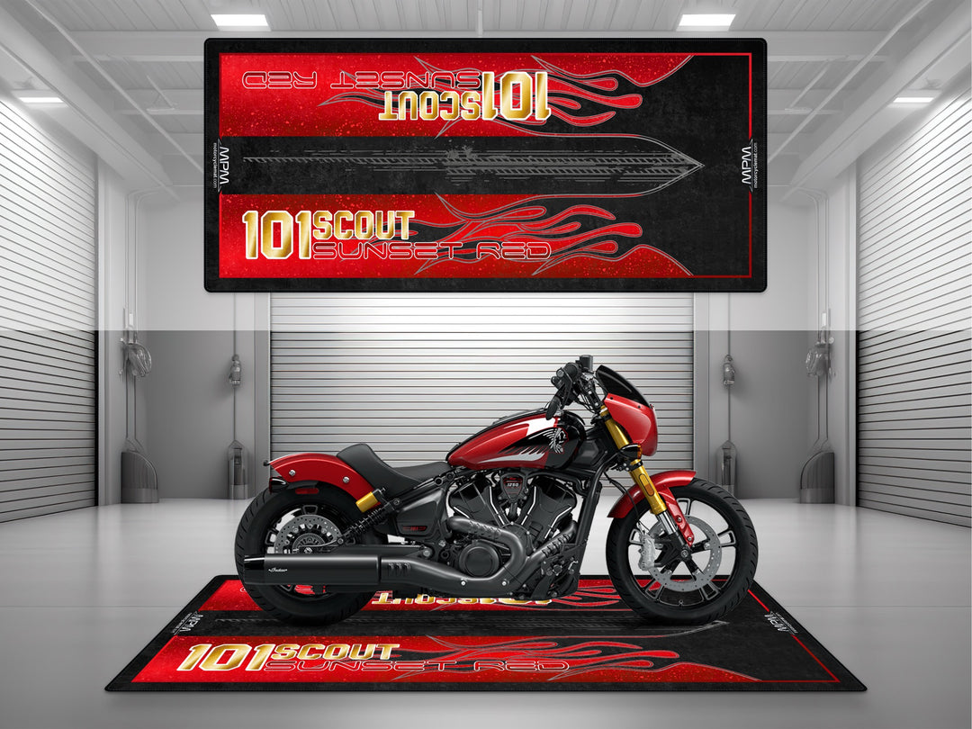 101 Scout Sunset Red Motorcycle Pit mat – bold red cruiser floor cover, perfect garage setup for classic bike enthusiasts.
