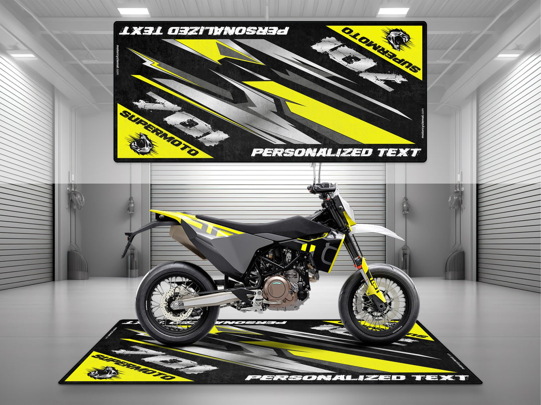 Husqvarna 701 Supermoto Black-Yellow Personalized Motorcycle Garage mat, custom pit rug, bike zone floor cover, rider gear accessory.
