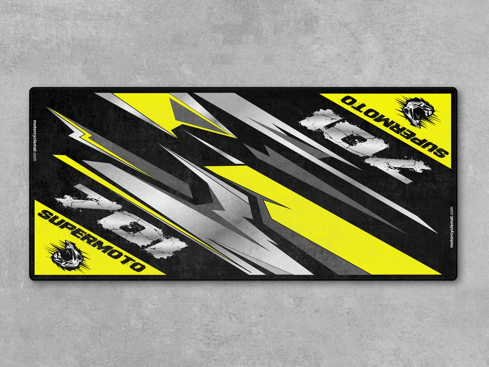 Husqvarna 701 Supermoto Black-Yellow Motorcycle Garage mat, racetrack prep pit rug, motorcycle display carpet, Thermoplastic Rubber cover.
