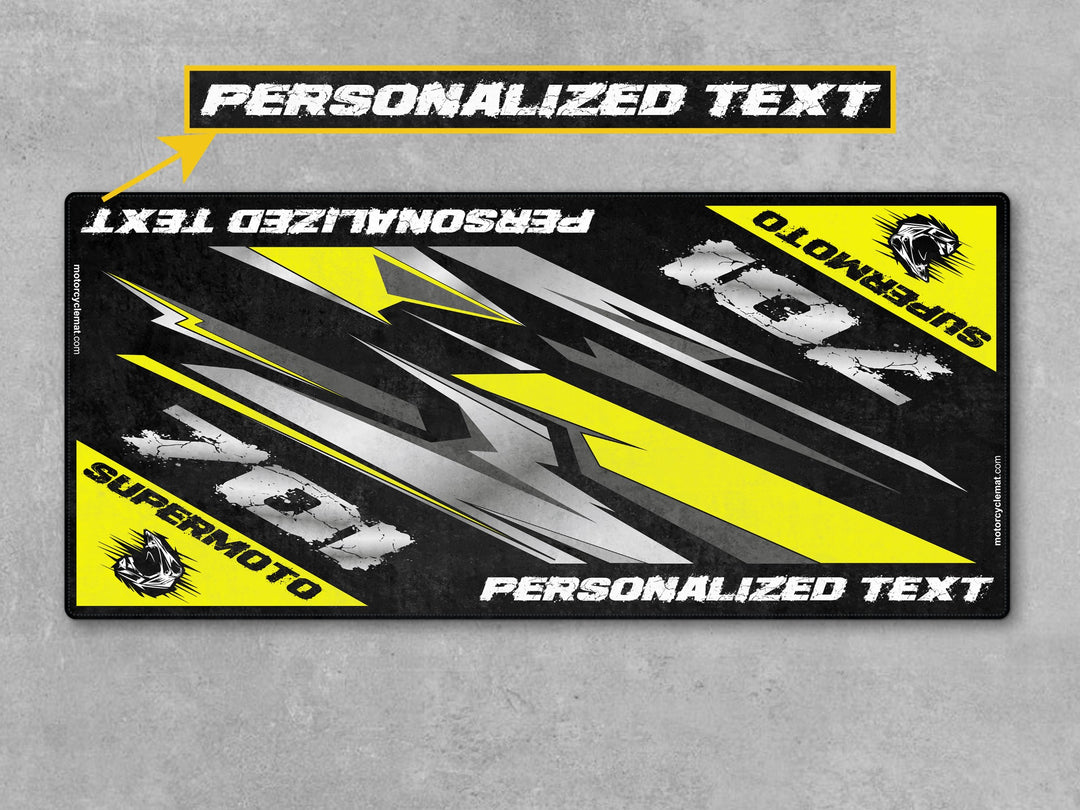 Husqvarna 701 Supermoto Black-Yellow Custom Motorcycle Garage mat, gift for riders, showroom carpet, superbike garage floor cover.
