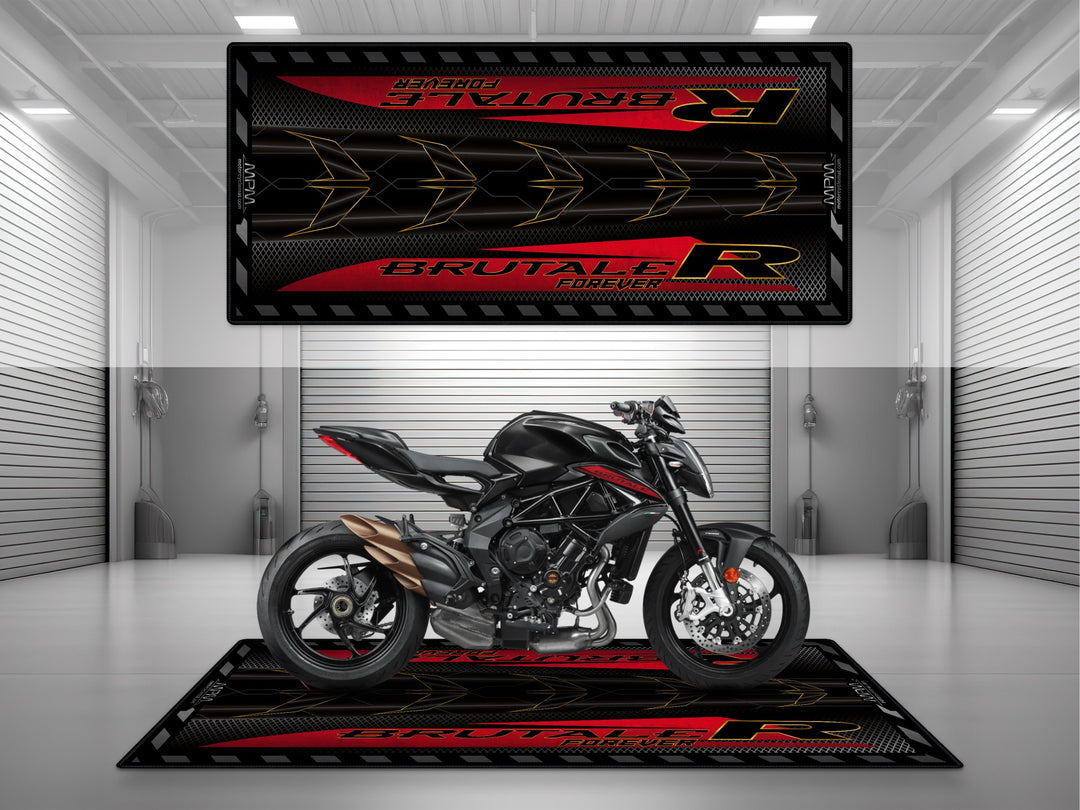 Brutale R Nero Carbon Metal Motorcycle Pit mat – black-red naked bike floor cover, ideal for garage or racetrack setup.
