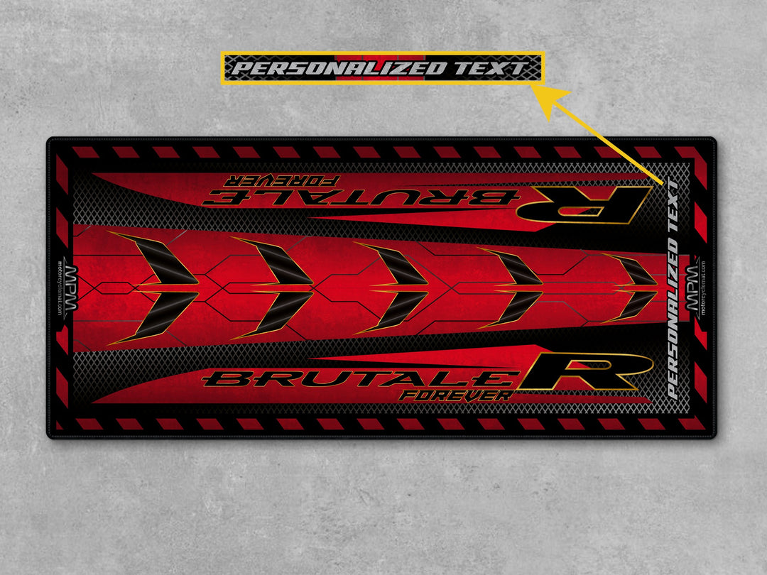 Brutale R Rosso Follia Metal motorcycle display rug – custom showroom mat, parking carpet, superbike gear zone accessory.
