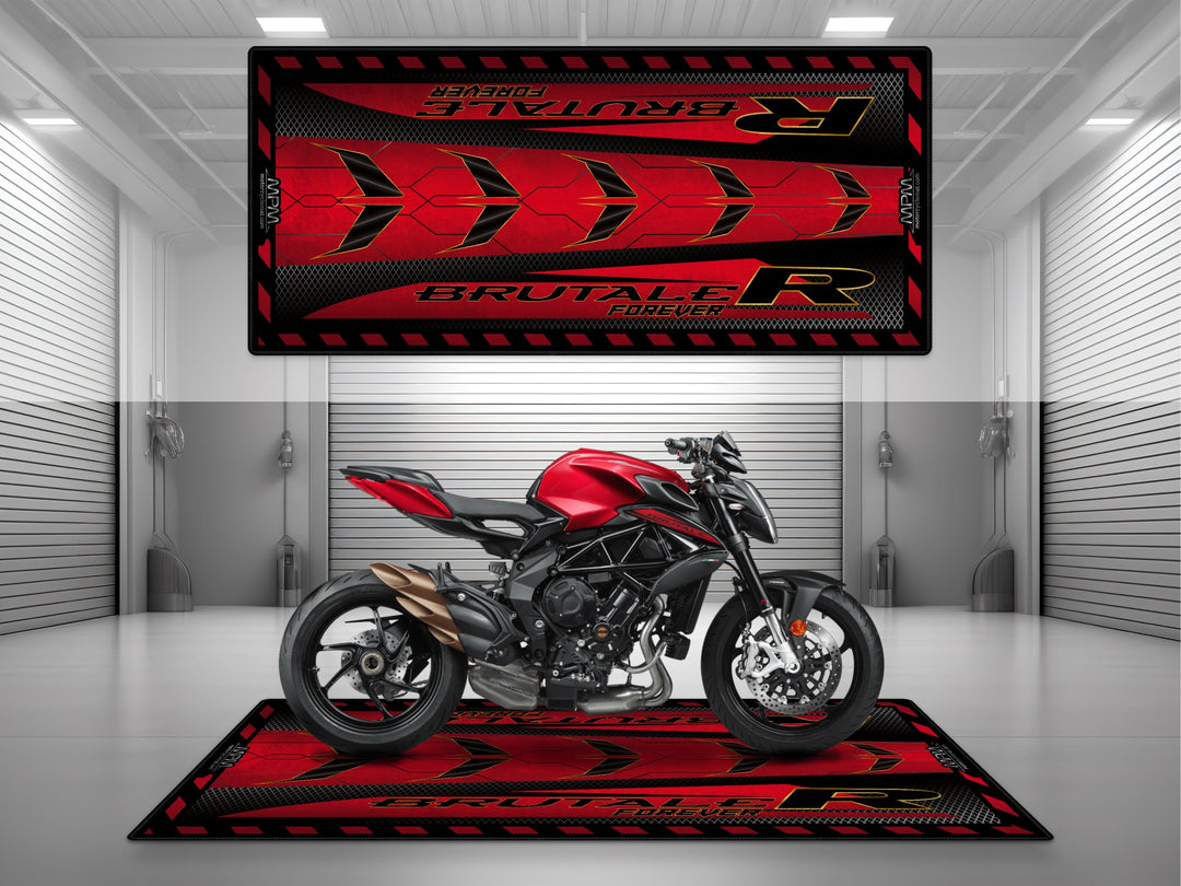 Mv Agusta Brutale R Rosso Follia Metal motorcycle garage mat – pit rug, showroom floor cover, parking carpet for riders and collectors.
