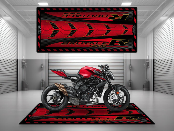 Mv Agusta Brutale R Rosso Follia Metal motorcycle garage mat – pit rug, showroom floor cover, parking carpet for riders and collectors.

