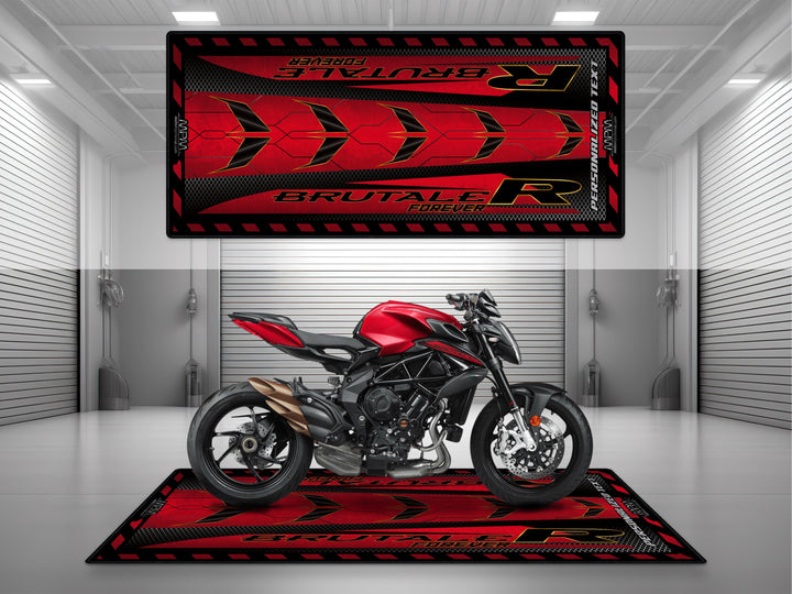 Mv Agusta Brutale R Rosso Follia Metal motorcycle garage mat – personalized custom pit rug, garage carpet, track prep floor cover.
