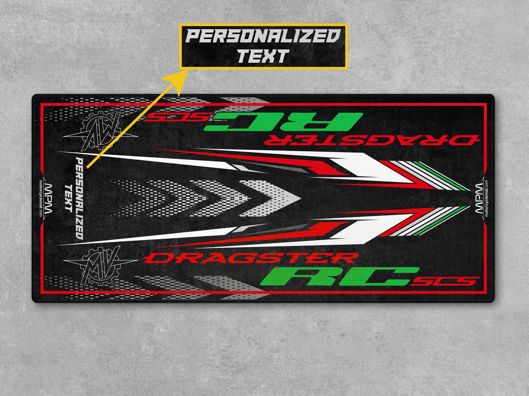 Dragster RC Motorcycle Parking mat – green-red-black custom floor protector, great gift for riders and collectors.

