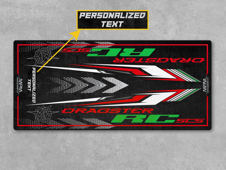 Dragster RC Motorcycle Parking mat – green-red-black custom floor protector, great gift for riders and collectors.

