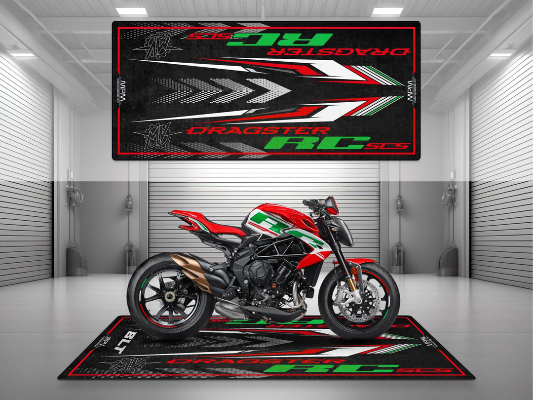 Dragster RC Motorcycle garage Pit mat – red, white and green superbike floor cover for garage or racetrack display setup.
