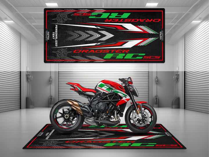 Dragster RC Motorcycle Garage mat – custom pit rug with name or number, ideal accessory for showroom or track prep.
