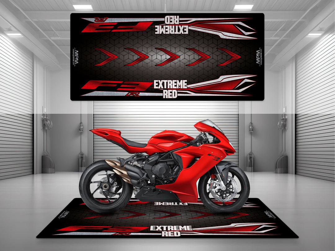 MV Agusta F3R Extreme Red motorcycle garage mat – sportbike pit rug, premium floor cover for track and garage setup.
