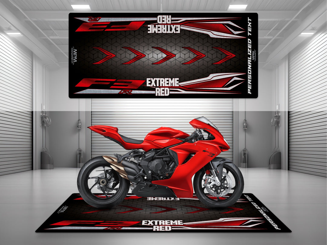 MV Agusta F3R Extreme Red motorcycle garage mat – personalized pit rug, custom name floor cover for riders and fans.
