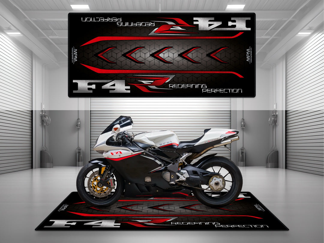 Mv Agusta F4 Black White motorcycle garage pit mat – premium pit rug, superbike floor cover, racetrack garage setup for riders.
