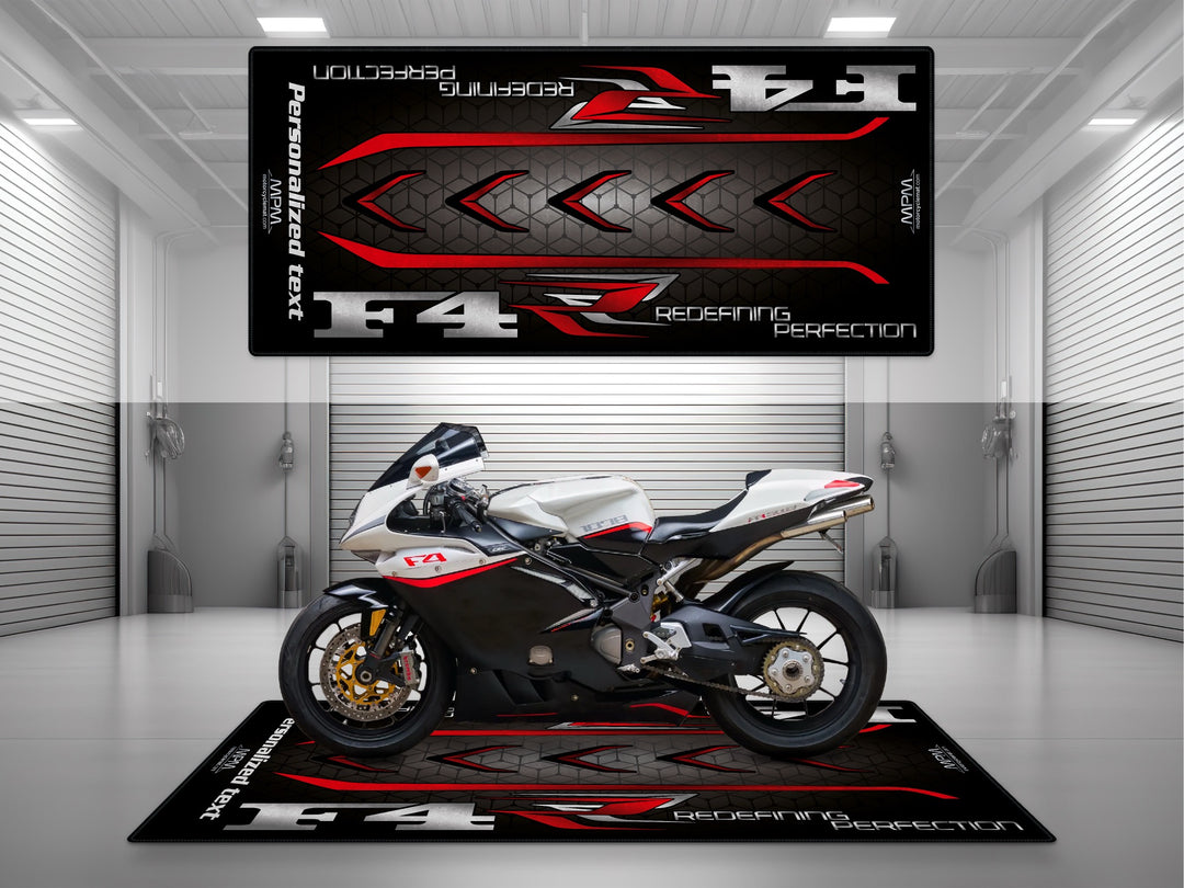 Mv Agusta F4 Black White motorcycle garage mat – personalized custom pit rug, track prep floor cover, rider gear display carpet.
