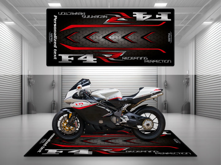 Mv Agusta F4 Black White motorcycle garage mat – personalized custom pit rug, track prep floor cover, rider gear display carpet.
