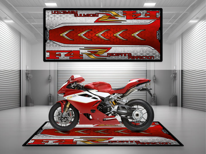 Mv Agusta F4 Red White motorcycle garage mat – superbike pit rug, premium floor cover for garage, racing-inspired decor setup.
