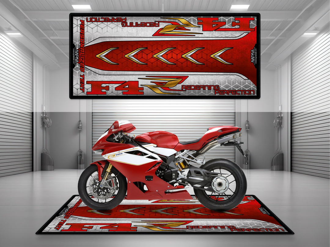Mv Agusta F4 Red White motorcycle garage mat – personalized pit rug, rider name custom display carpet, track prep floor cover.
