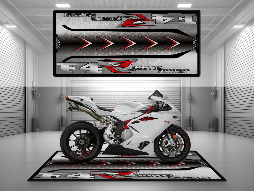 MV Agusta F4 White motorcycle garage mat – premium superbike pit rug, luxury floor cover for garage or showroom display.
