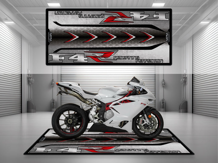 MV Agusta F4 White motorcycle garage mat – premium superbike pit rug, luxury floor cover for garage or showroom display.
