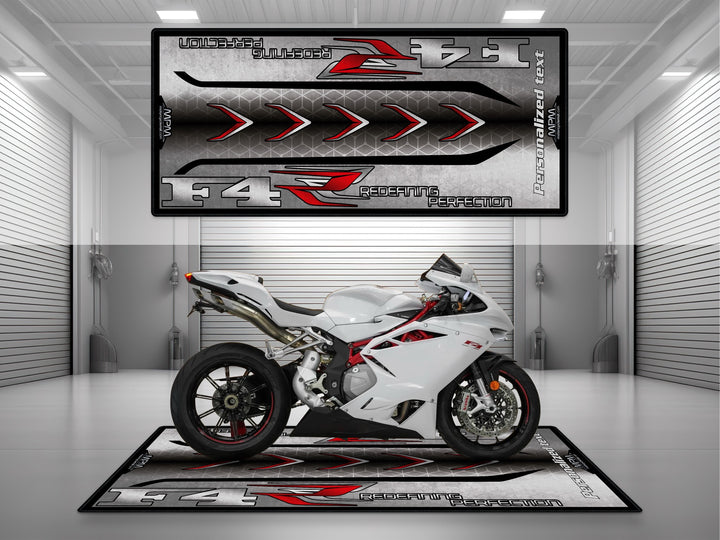 MV Agusta F4 White motorcycle garage mat – personalized custom pit rug, rider name floor cover, track prep display carpet.
