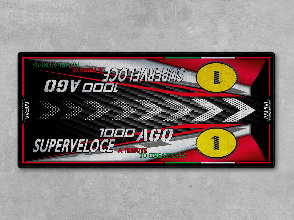 Superveloce 1000 AGO Motorcycle Display mat – Italian red showroom rug, Thermoplastic Rubber base garage floor protector.

