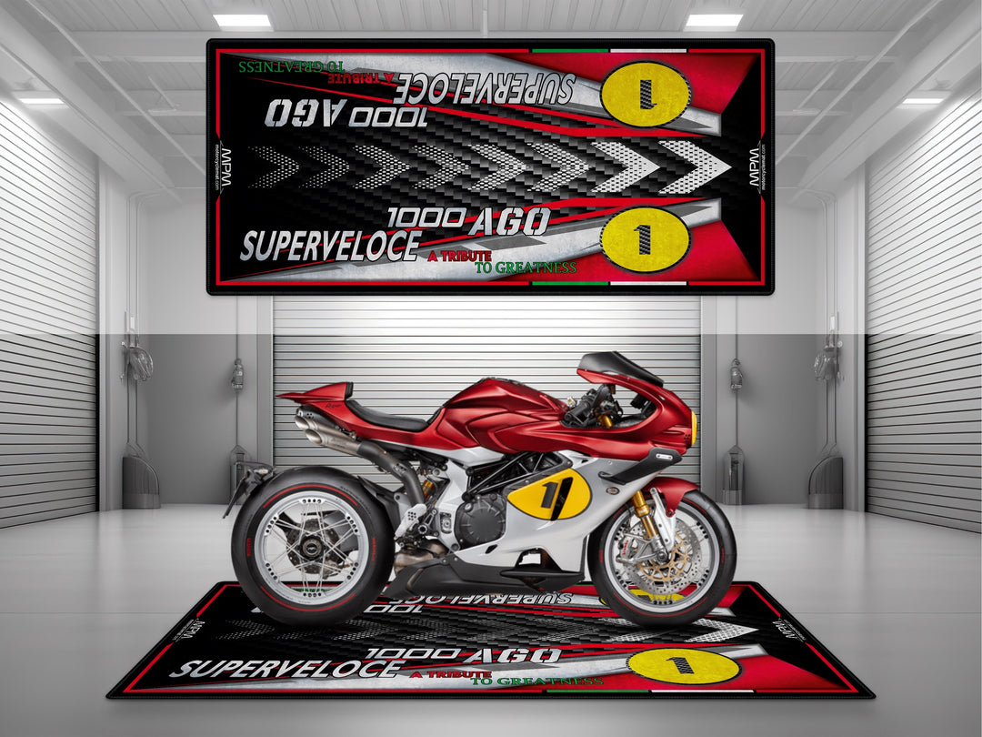 Superveloce 1000 AGO Motorcycle Pit mat – red and yellow racing floor cover, perfect for superbike garage or track prep.

