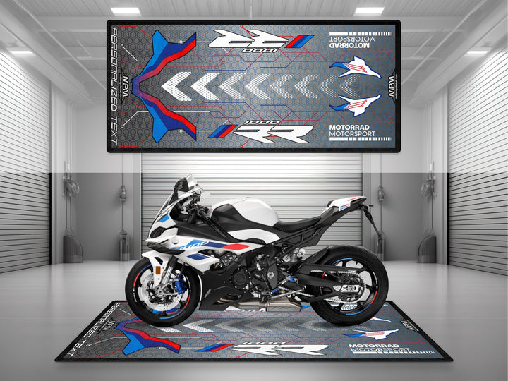 BMW M1000RR Motorsport Custom White-Blue-Red Motorcycle Garage mat, gift for riders, motorcycle display rug, garage floor protection.
