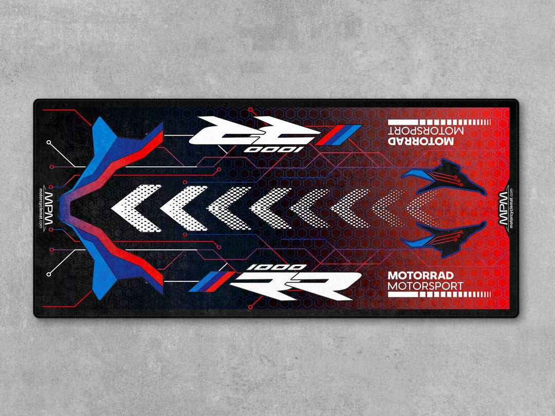 BMW M1000RR Motorsport Black-White-Blue-Red Motorcycle Garage mat, racetrack prep pit rug, motorcycle display carpet, garage floor protection.
