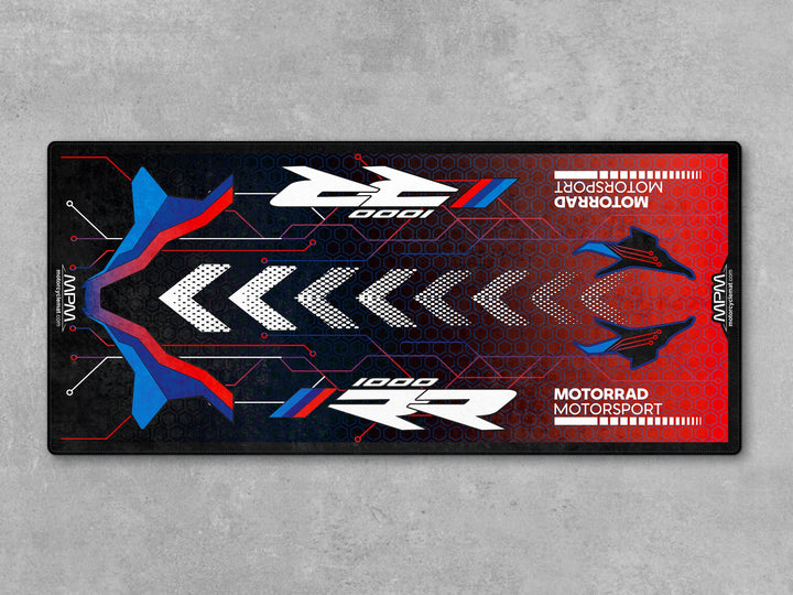 BMW M1000RR Motorsport Black-White-Blue-Red Motorcycle Garage mat, racetrack prep pit rug, motorcycle display carpet, garage floor protection.
