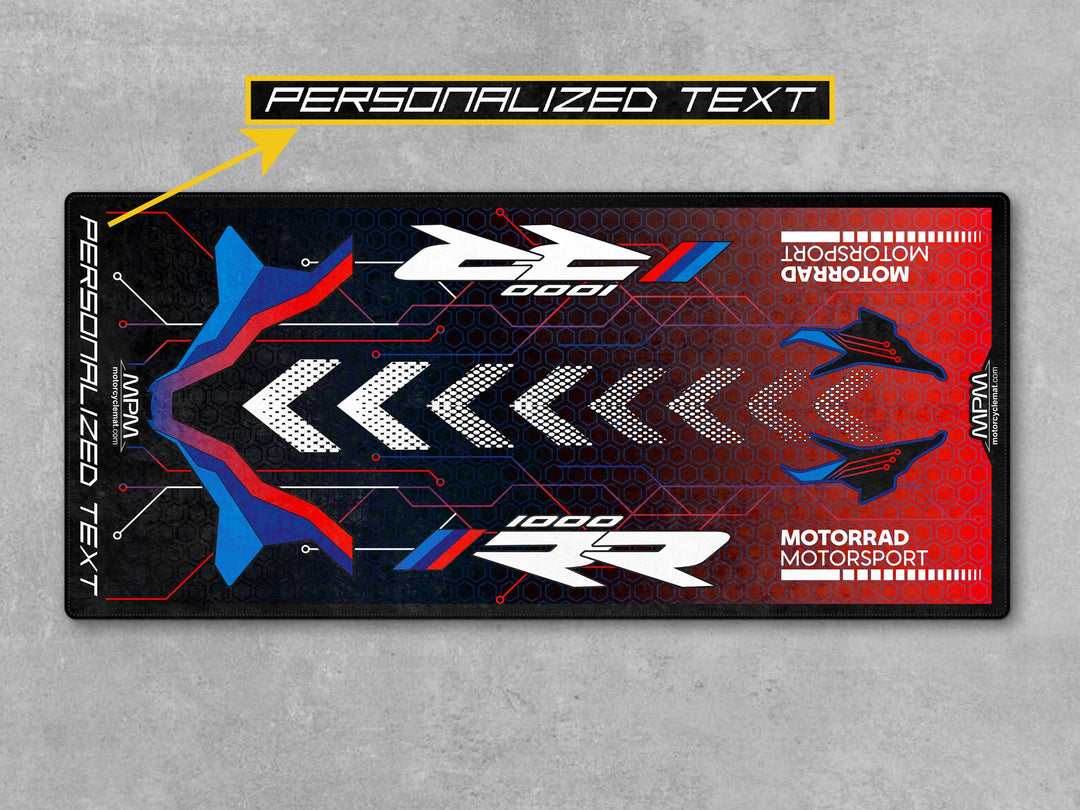 BMW M1000RR Motorsport Custom Black-White-Blue-Red Motorcycle Garage mat, gift for riders, showroom carpet, Thermoplastic Rubber cover.
