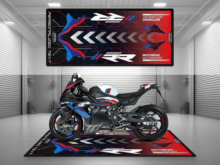 BMW S1000RR Black-White-Blue-Red Personalized Motorcycle Garage mat, custom pit rug, bike zone floor cover, rider gear accessory.

