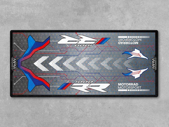 BMW M1000RR Motorsport White-Blue-Red Motorcycle Garage mat, racetrack prep pit rug, motorcycle display carpet, Thermoplastic Rubber cover.
