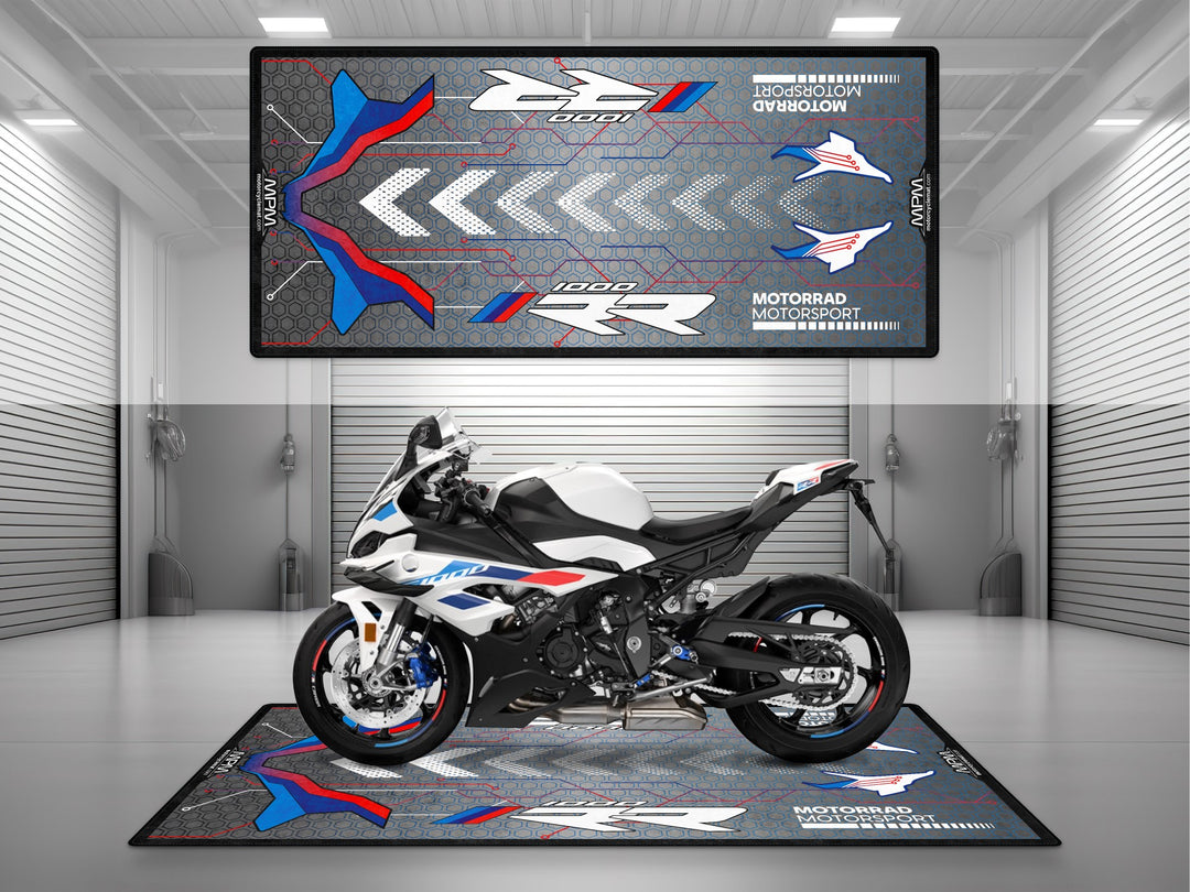 BMW S1000RR White-Blue-Red Motorcycle Garage mat, parking mat, pit mat, showroom display rug, superbike garage floor cover, rider essentials.
