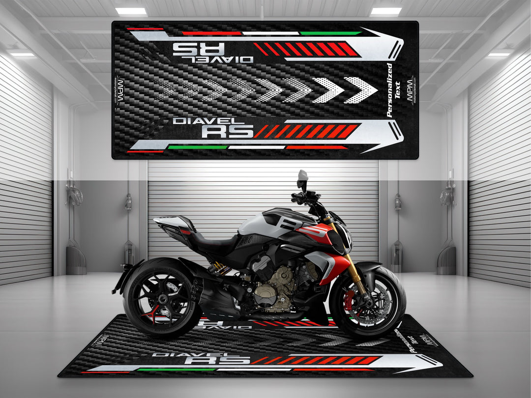 MPM custom garage mat designed for Ducati Diavel RS in clean studio environment
