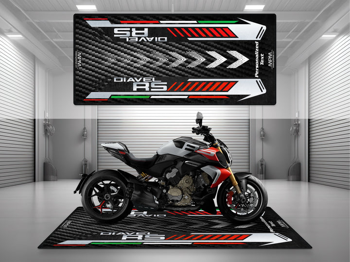 MPM custom garage mat designed for Ducati Diavel RS in clean studio environment