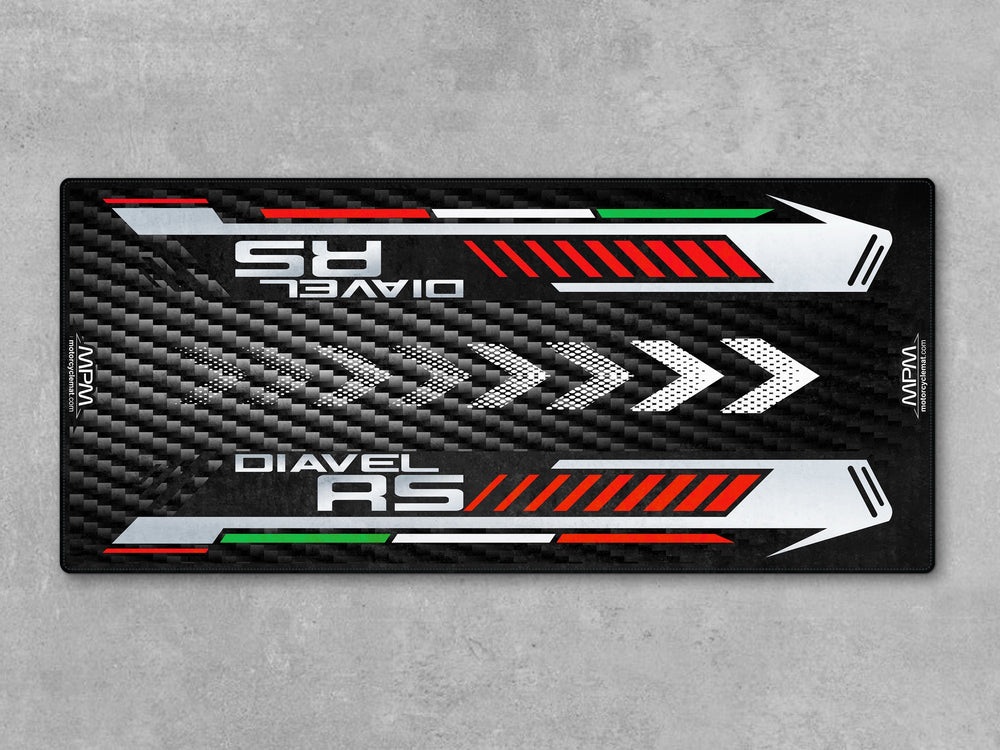 Ducati Diavel RS on custom MPM motorcycle garage mat with carbon design background