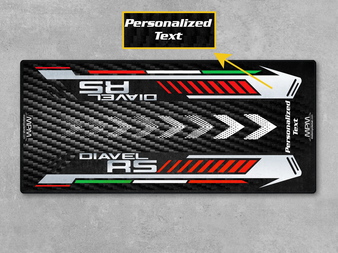 Ducati Diavel RS showroom setup on MPM pit mat with red white graphics