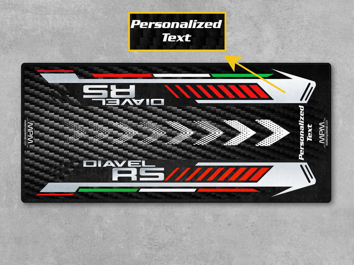 Ducati Diavel RS showroom setup on MPM pit mat with red white graphics