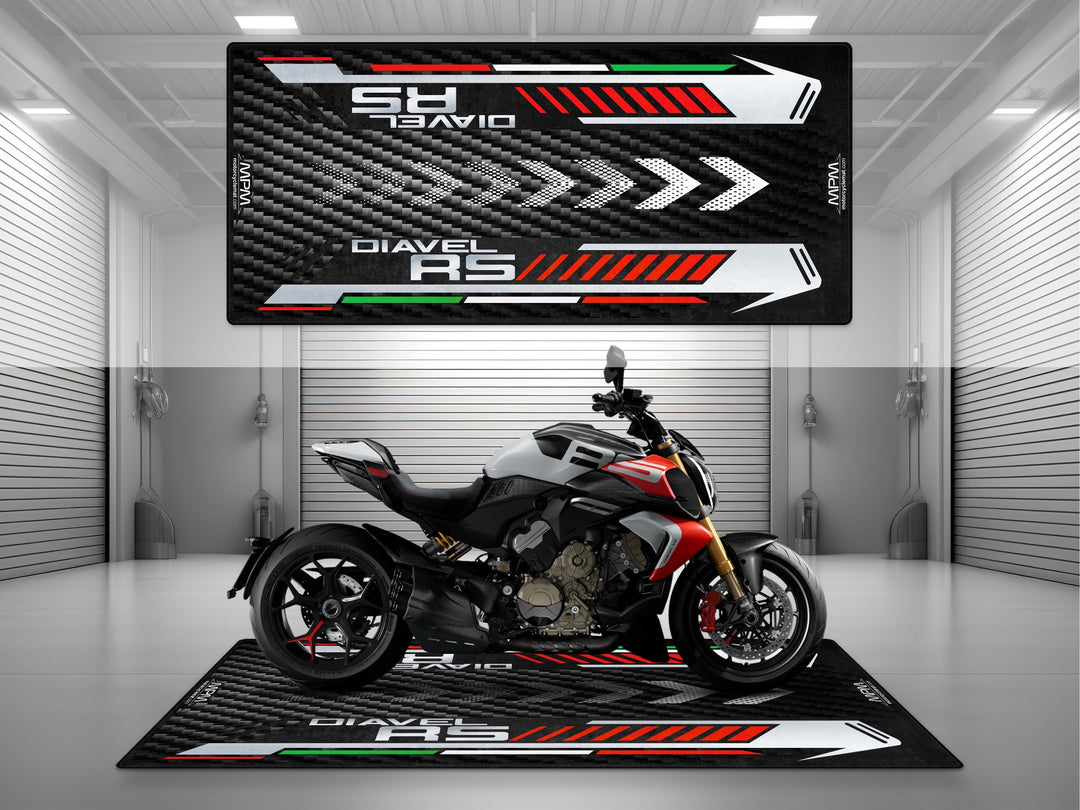 MPM Ducati Diavel RS motorcycle displayed on premium garage mat in modern showroom