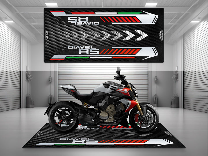 MPM Ducati Diavel RS motorcycle displayed on premium garage mat in modern showroom