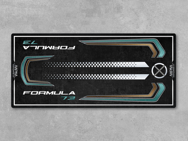 MPM custom garage mat designed for Ducati Formula 73 in clean studio environment