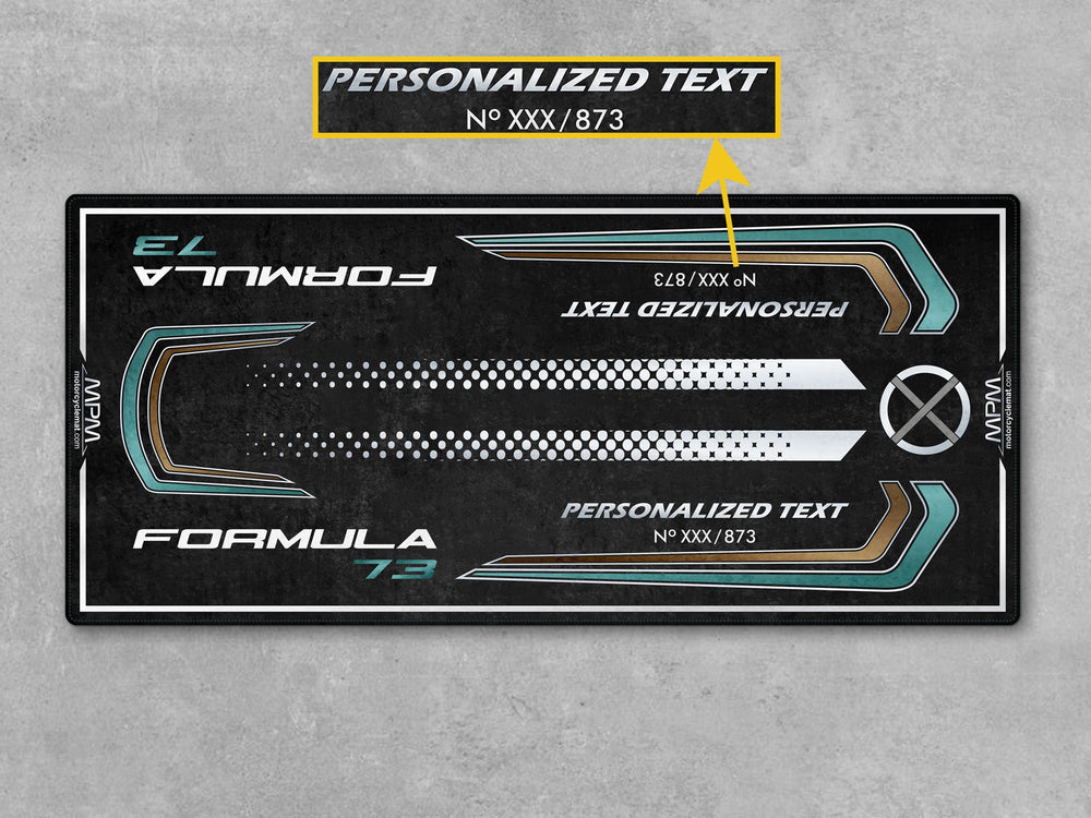 Ducati Formula 73 on custom MPM motorcycle garage mat with grey and teal graphic design