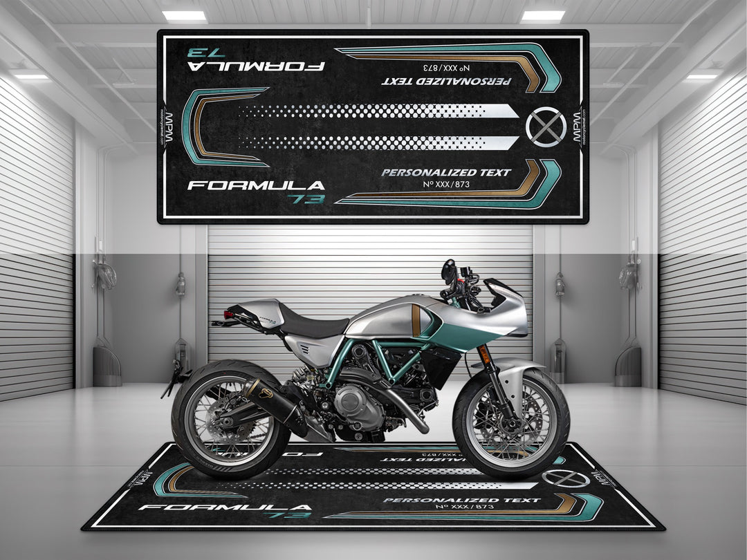 Ducati Formula 73 showroom setup on MPM motorcycle pit mat with modern graphic layout