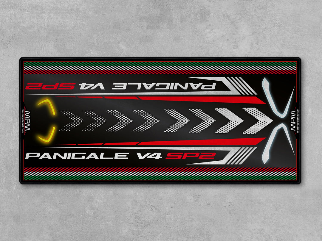 Ducati Panigale V4 SP2 Black Motorcycle Garage Mat in racetrack track prep setting