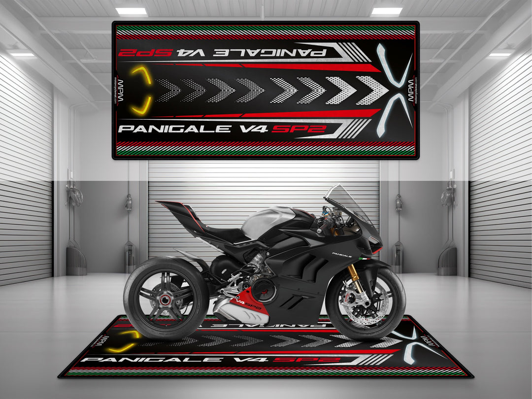 Ducati Panigale V4 SP2 Black Motorcycle Garage Mat displayed on MPM showroom bike zone