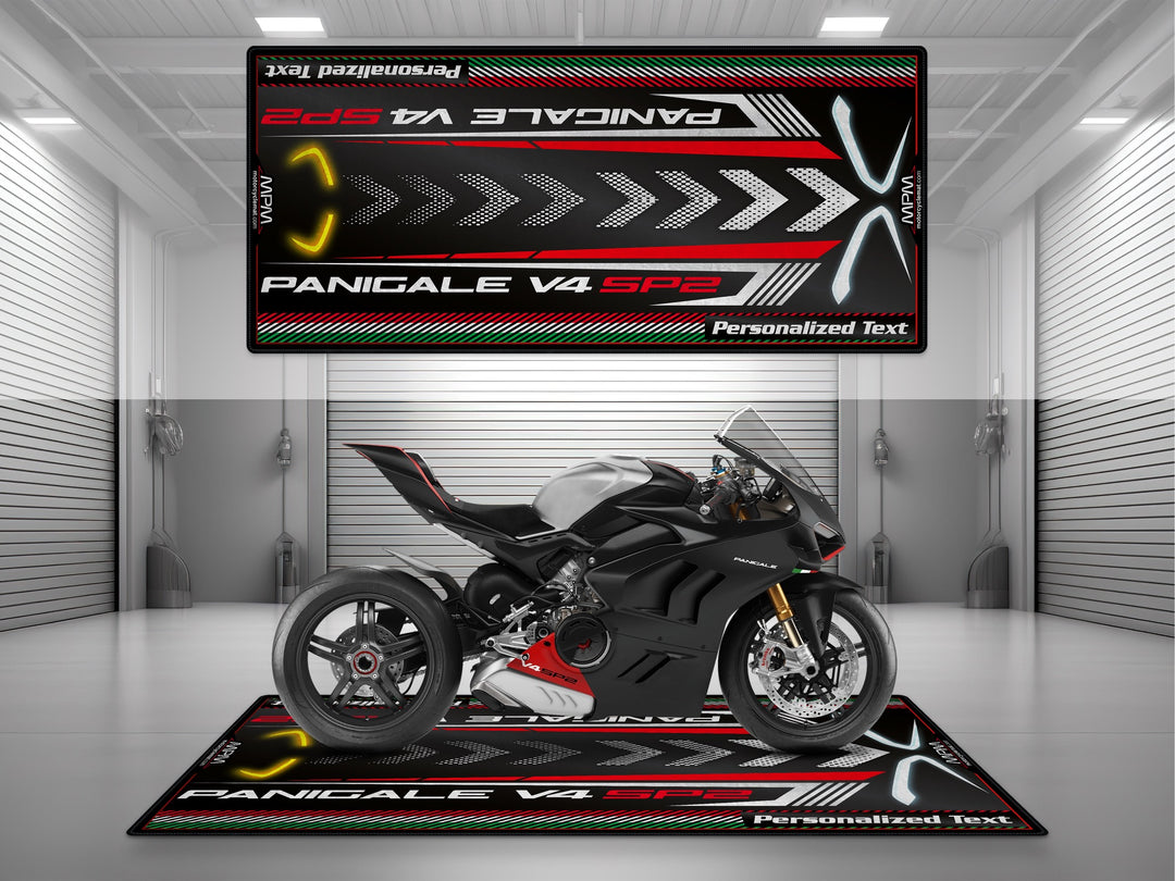 Ducati Panigale V4 SP2 Black Motorcycle Garage Mat as custom pit rug gift for superbike rider