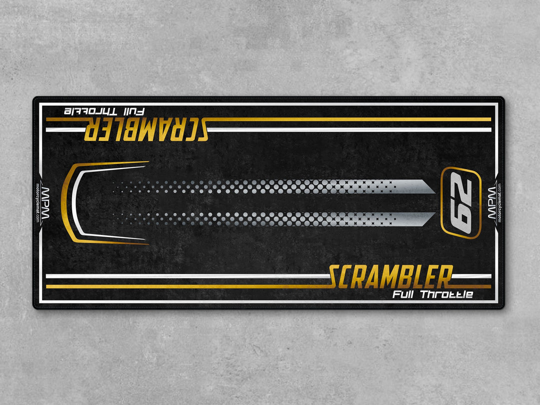 MPM custom garage mat designed for Ducati Scrambler 62 in clean studio environment