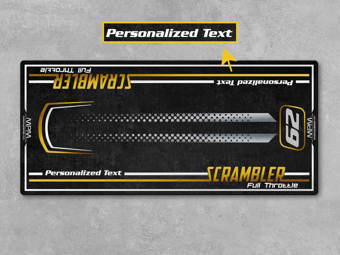 Ducati Scrambler 62 on custom MPM motorcycle garage mat with black and yellow design